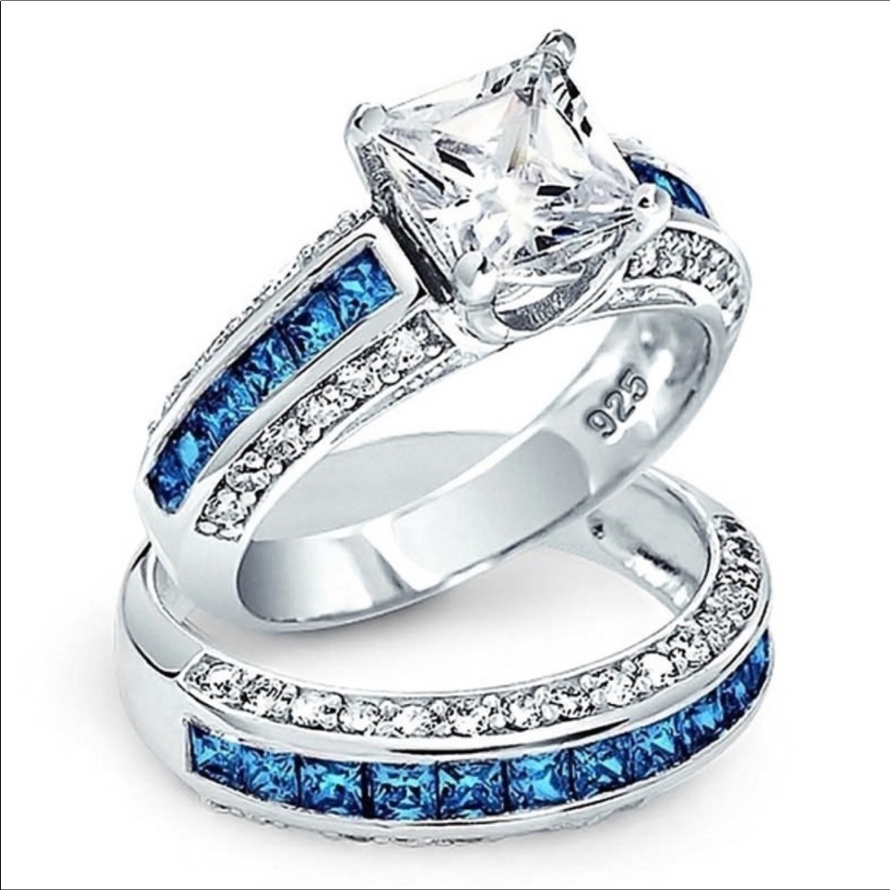 Blue Sapphire Diamond Bride Wedding Ring Set